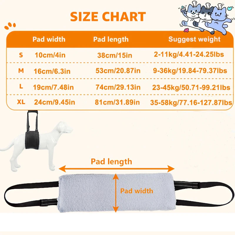 PawLift size chart listing pad width, pad length and suggested dog weight for sizes S, M, L and XL