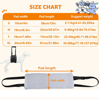 PawLift size chart listing pad width, pad length and suggested dog weight for sizes S, M, L and XL