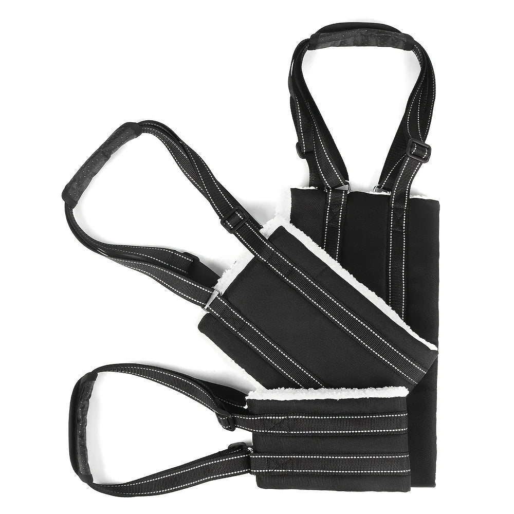 The PawLift sling shown flat, with reflective stitching running along the straps