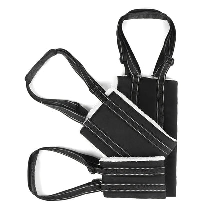 The PawLift sling shown flat, with reflective stitching running along the straps
